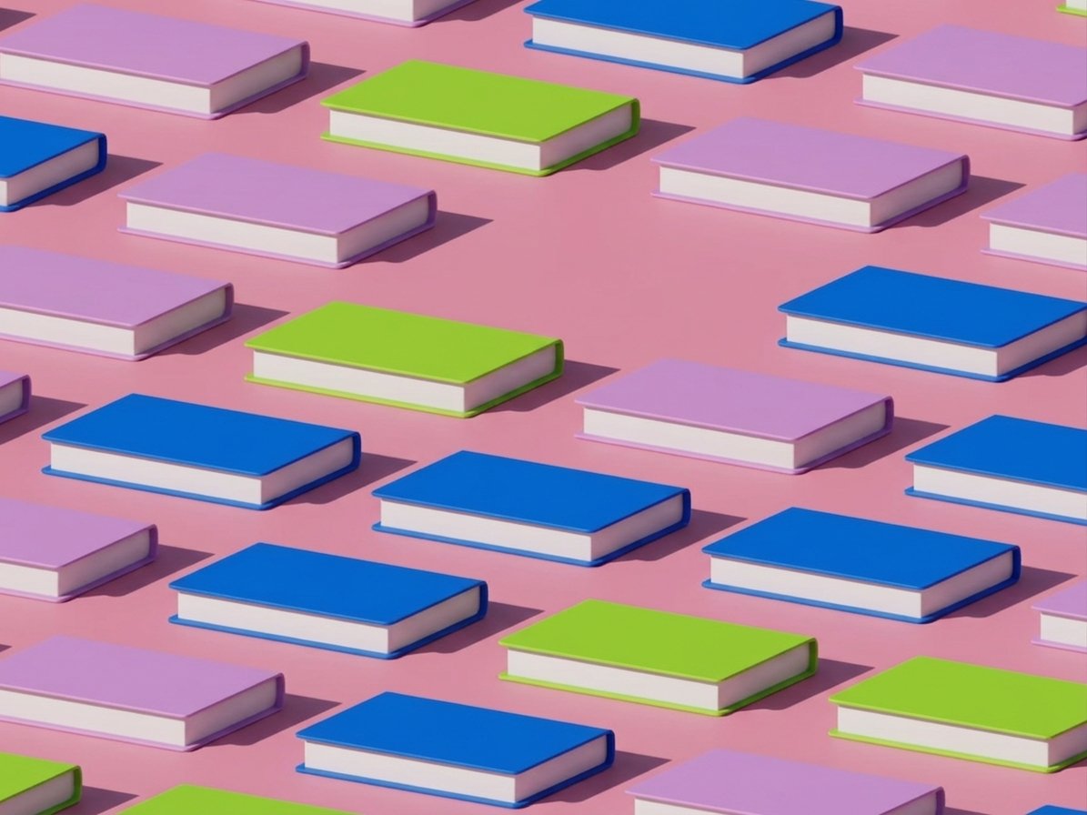 Patrón de libros en azul, verde y lila sobre un fondo rosa