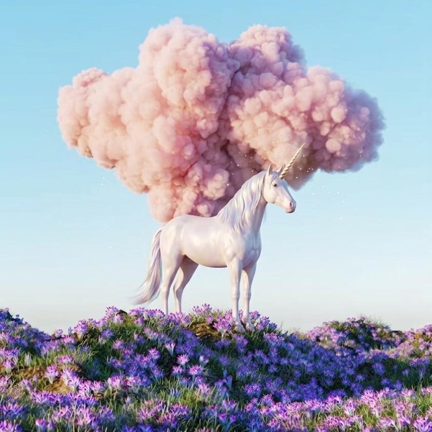 Unicornio blanco ante una nube rosa sobre un campo de flores violetas
