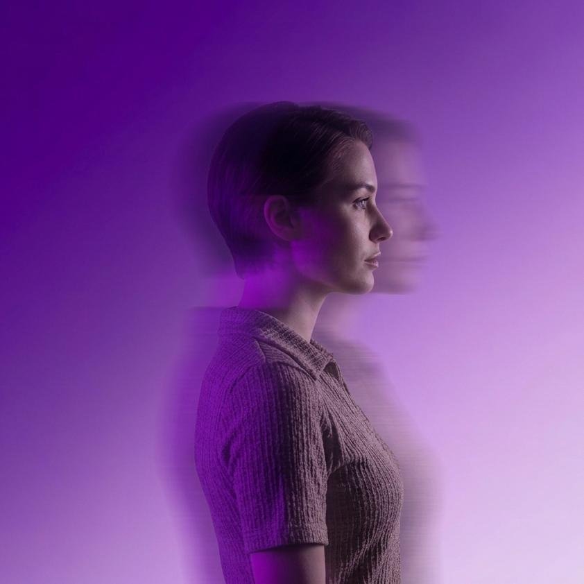 Retrato de perfil con movimiento superpuesto en tonos violetas