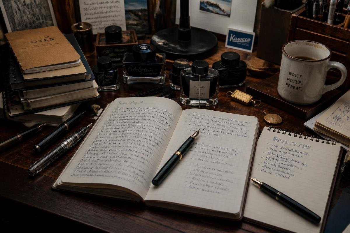 Escritorio con cuaderno y pluma