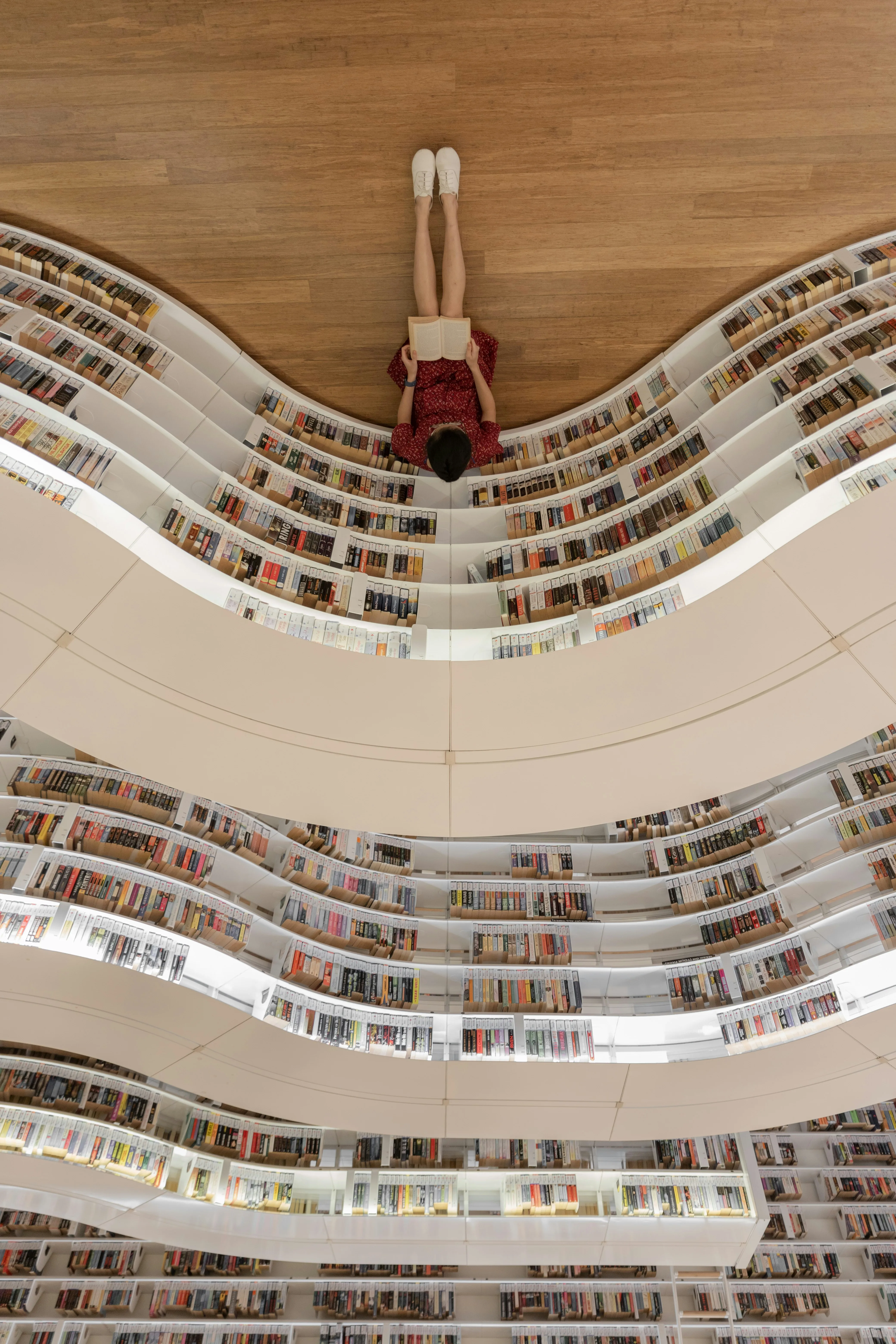 Lectora rodeada por las estanterías curvas de una biblioteca