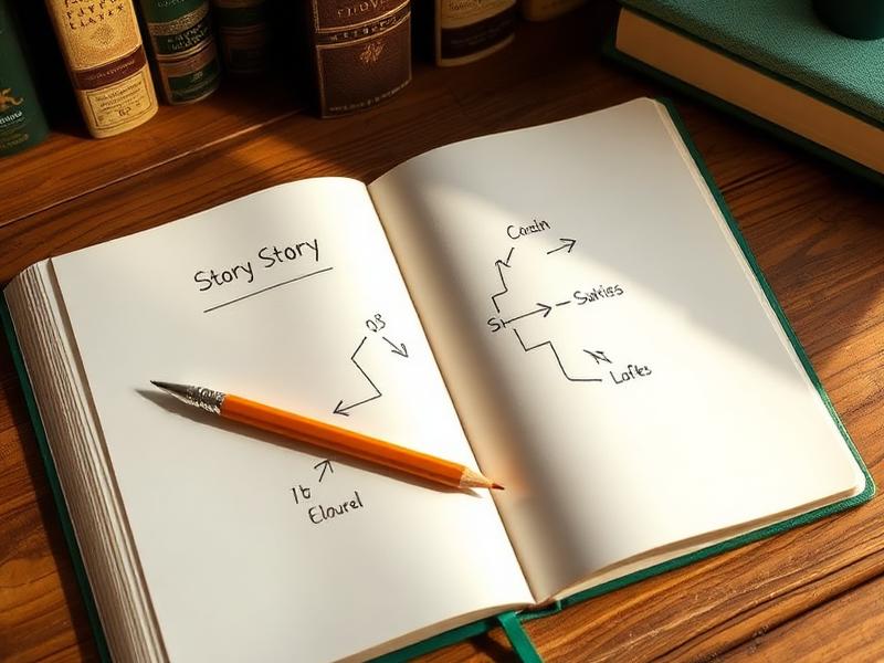Cuaderno abierto con un esquema de estructura narrativa dibujado a mano
