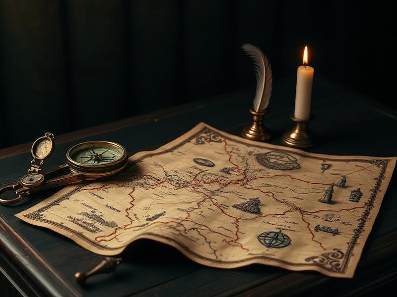 Mapa de fantasía dibujado a mano con brújula, pluma y vela