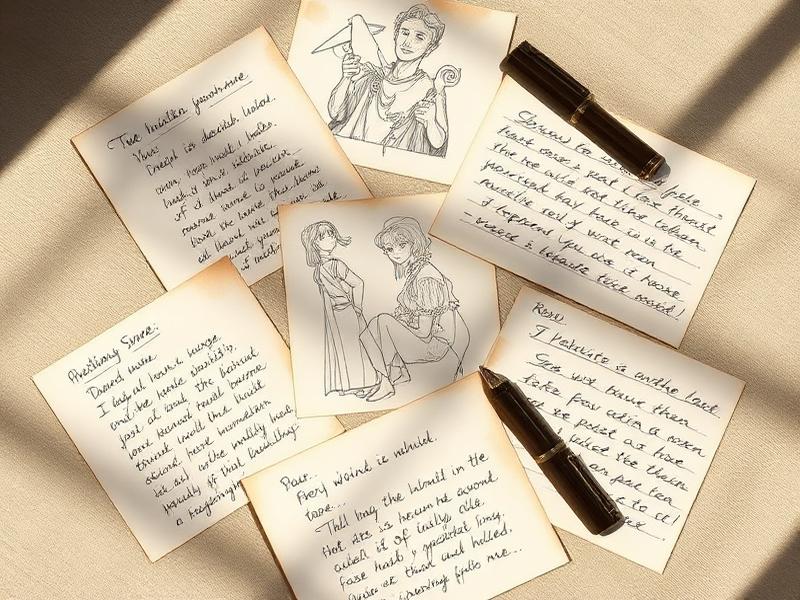 Fichas de personajes escritas a mano y bocetos sobre una superficie de lino