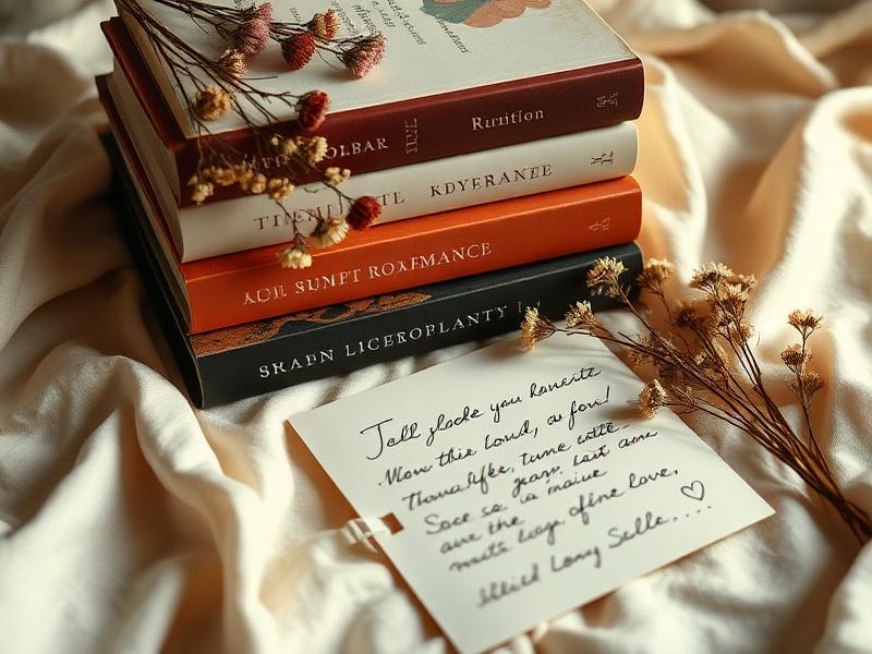 Pila de novelas románticas con flores secas y una carta manuscrita